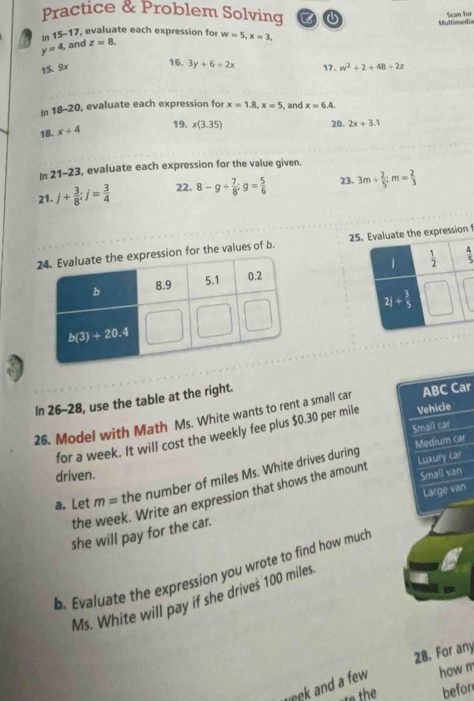 practice & problem solving in 15–17, evaluate each expression for ( w =…