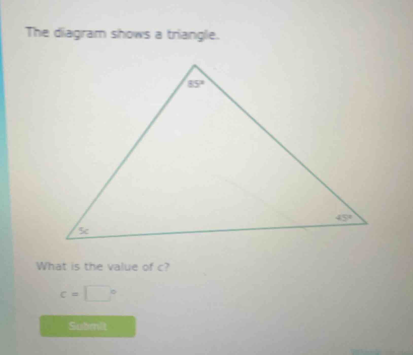 the diagram shows a triangle. what is the value of c? c = \\(\\square\\…
