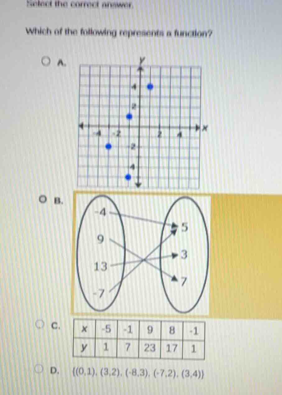 select the correct answer. which of the following represents a function…