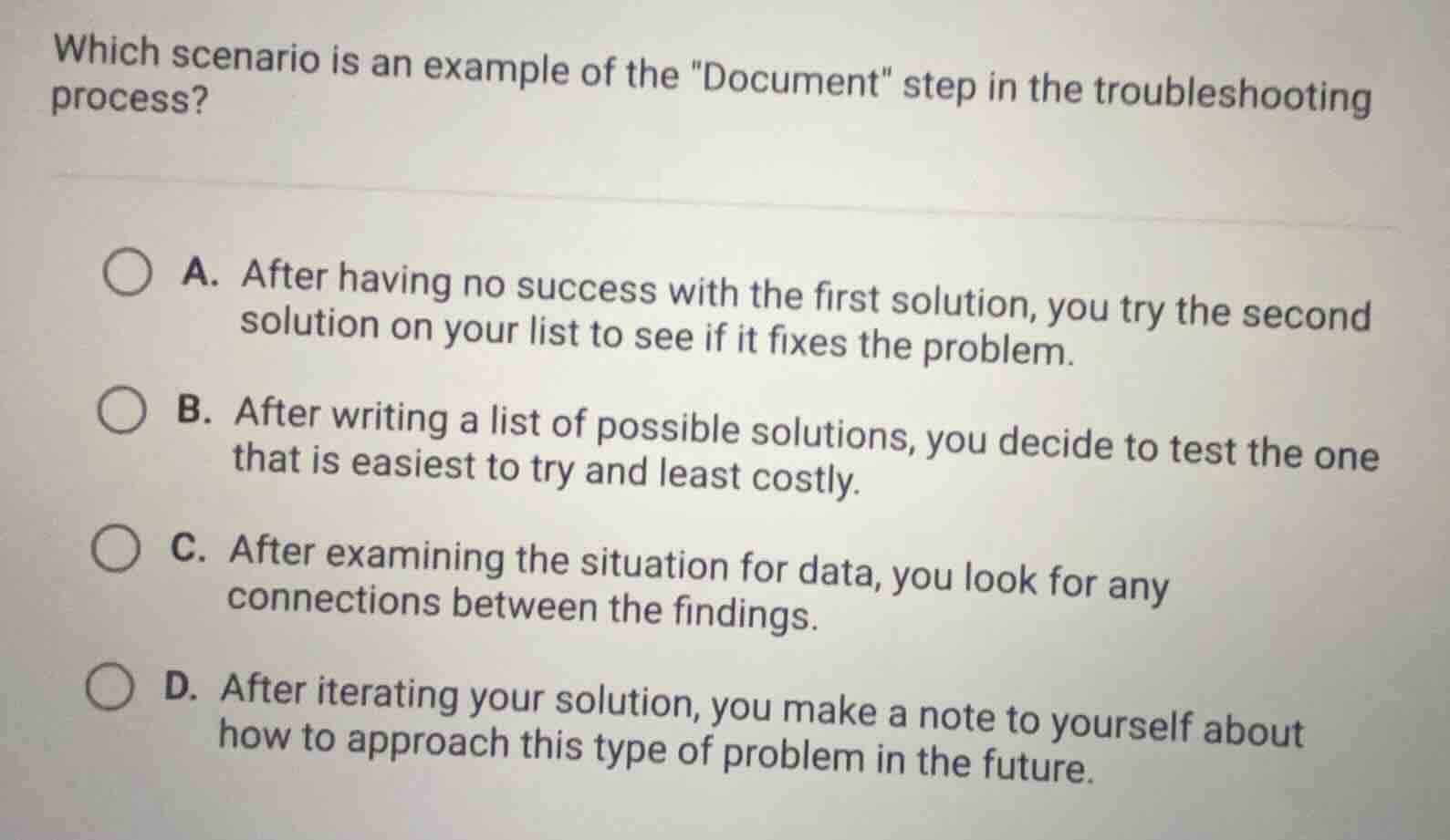 which scenario is an example of the \document\ step in the troubleshoot…