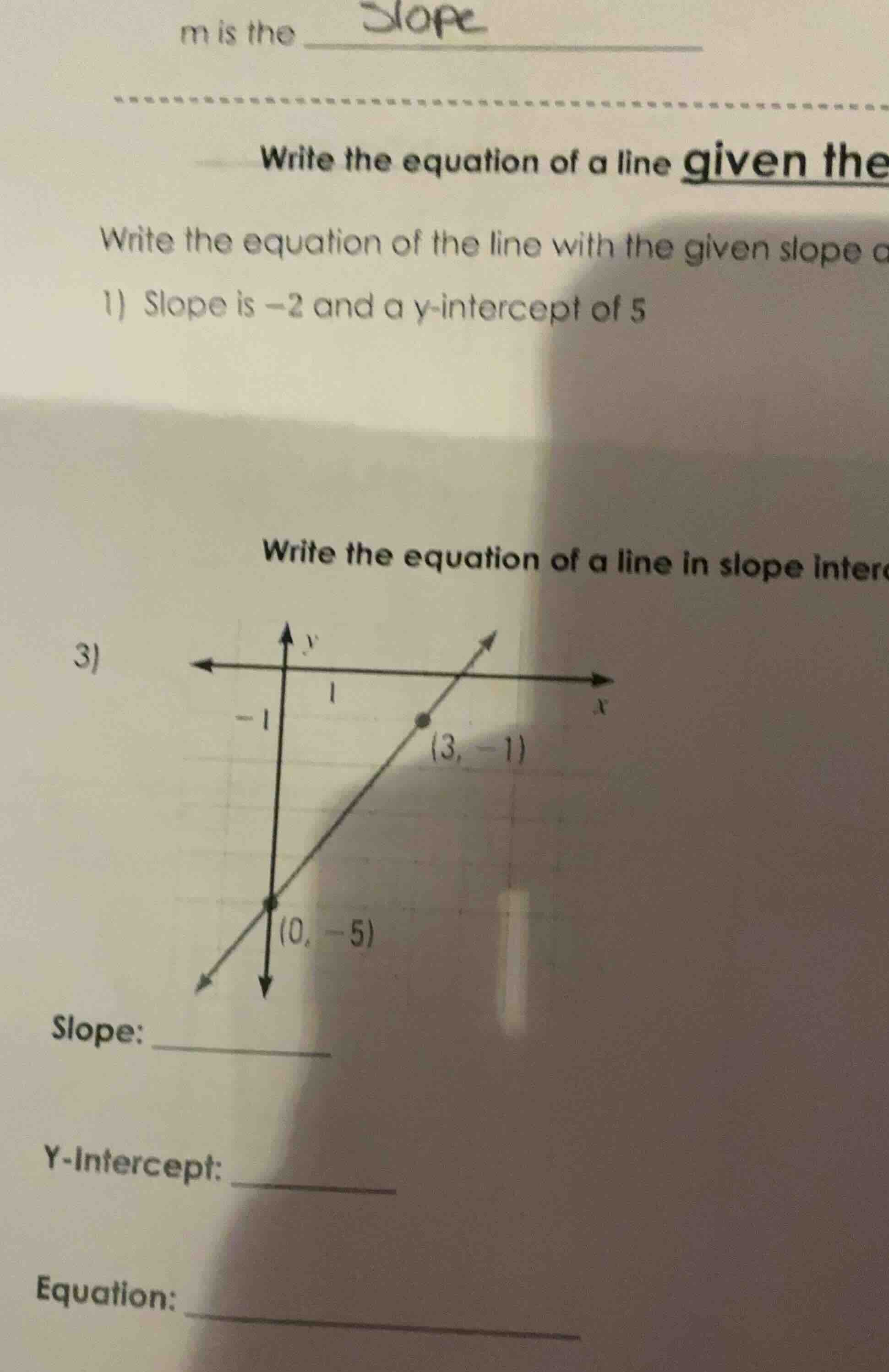 m is the \\underline{slope} write the equation of a line given the writ…