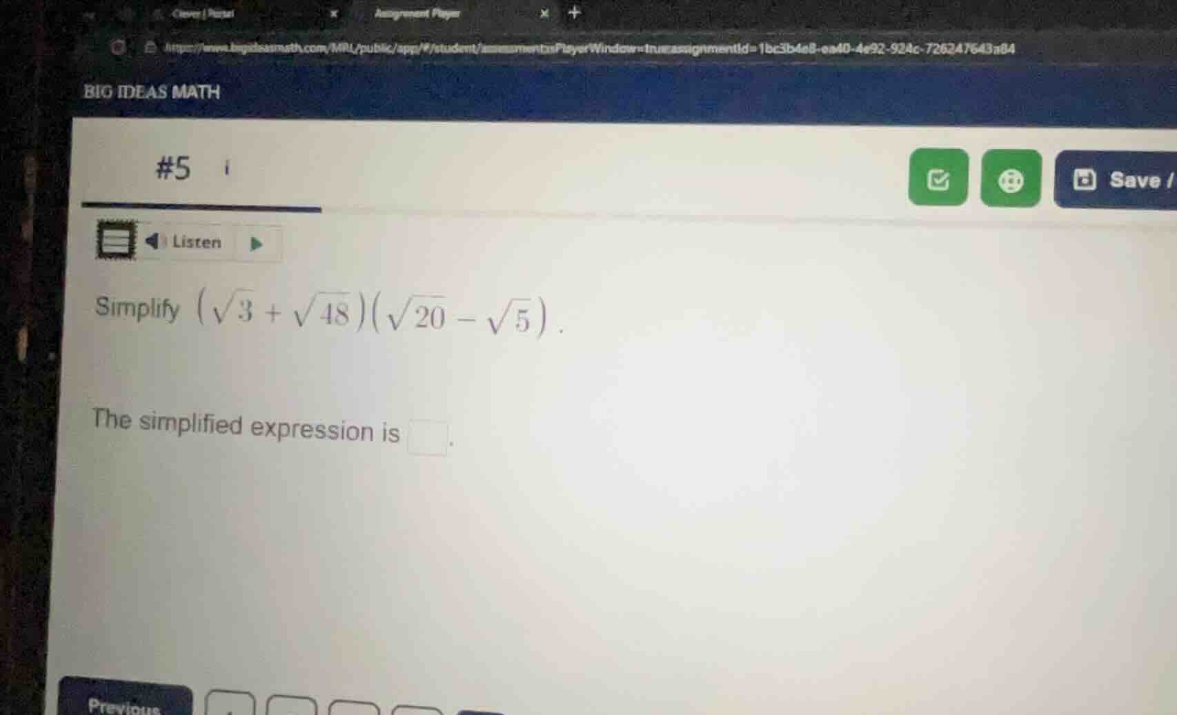 simplify $(sqrt{3} + sqrt{48})(sqrt{20} - sqrt{5})$. the simplified exp…