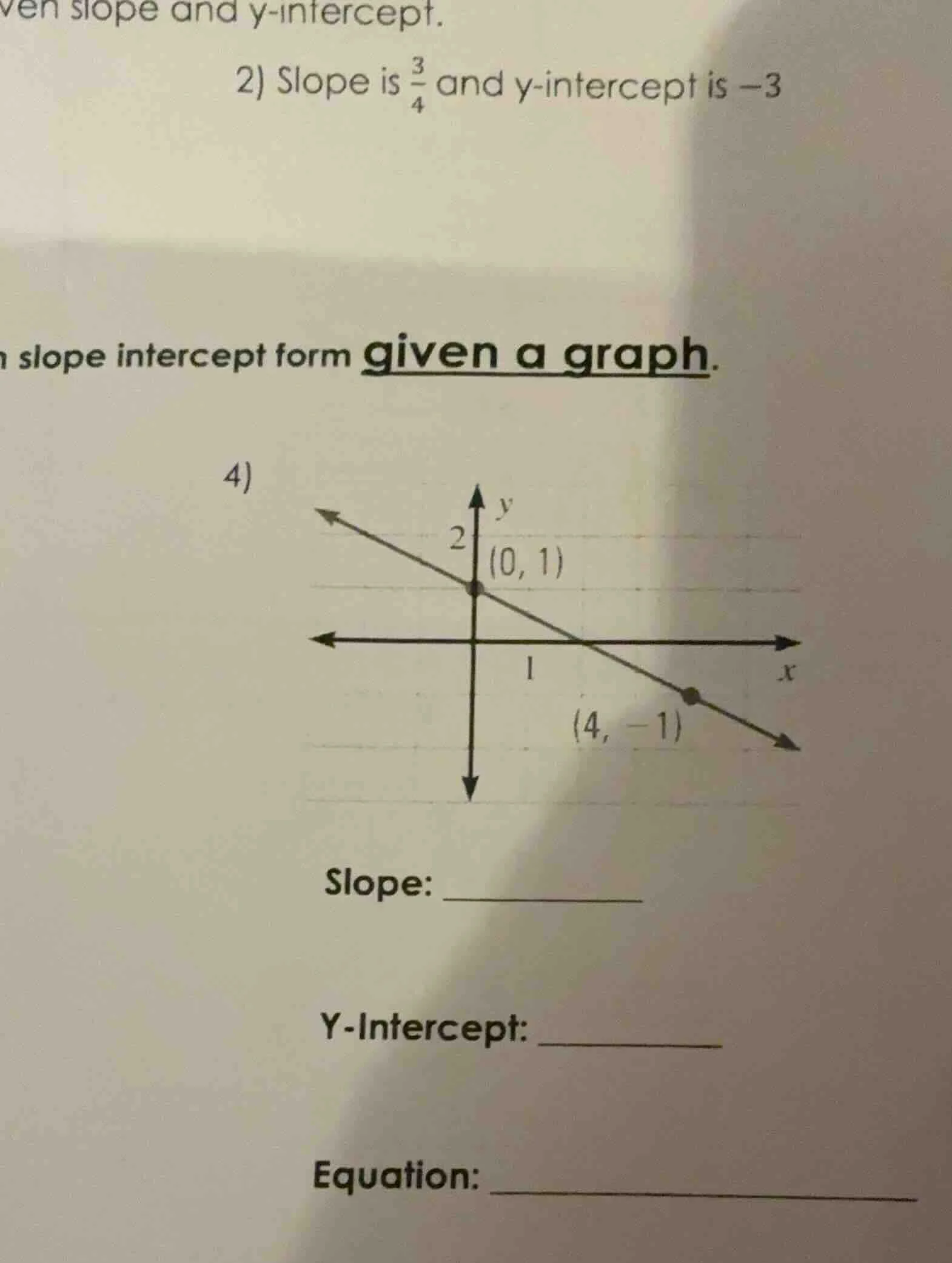 ven slope and y-intercept. 2) slope is \\(\\frac{3}{4}\\) and y-interce…