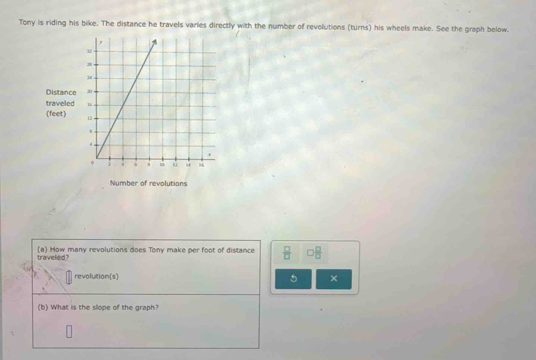 tony is riding his bike. the distance he travels varies directly with t…
