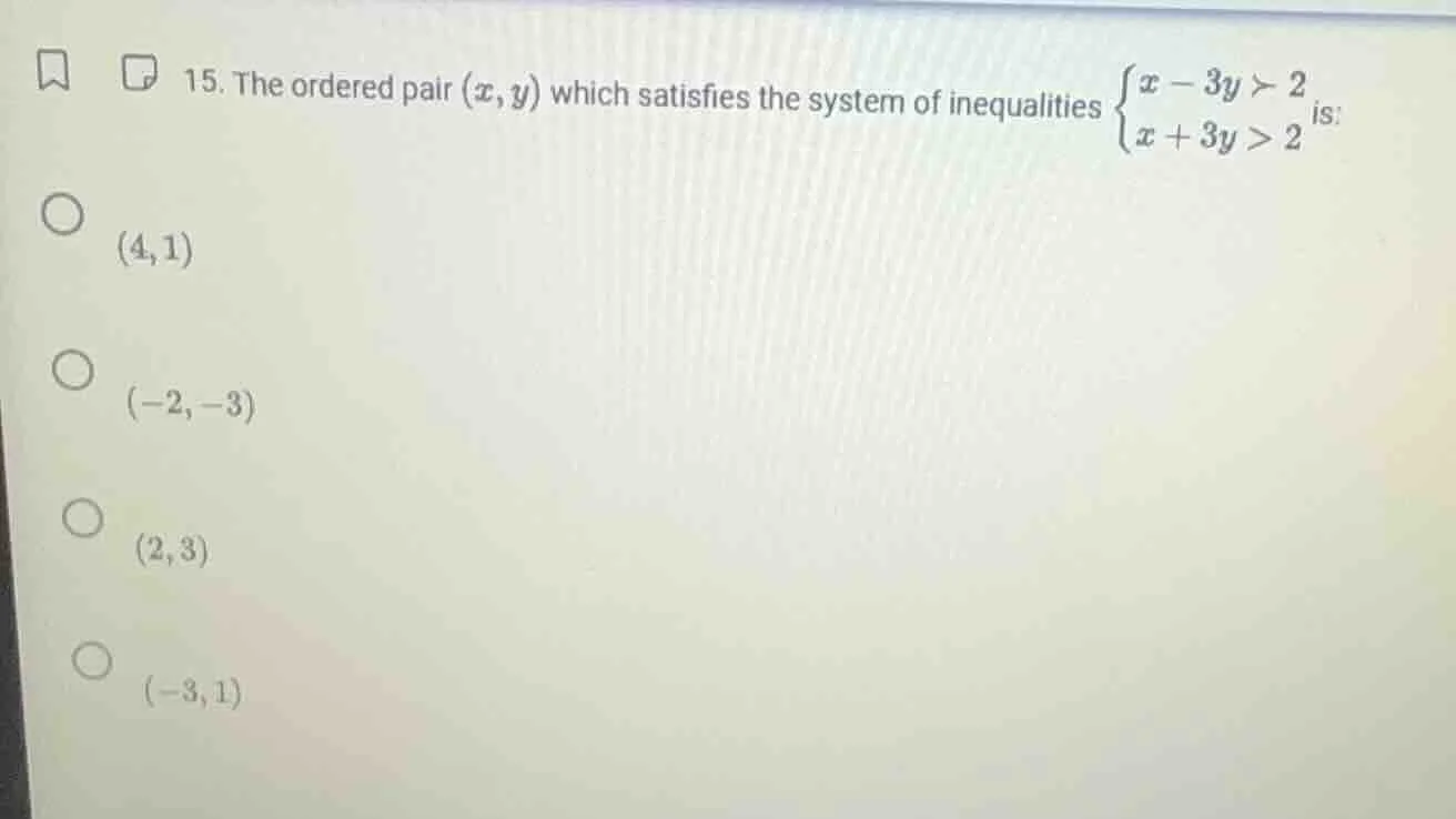 15. the ordered pair ((x,y)) which satisfies the system of inequalities…