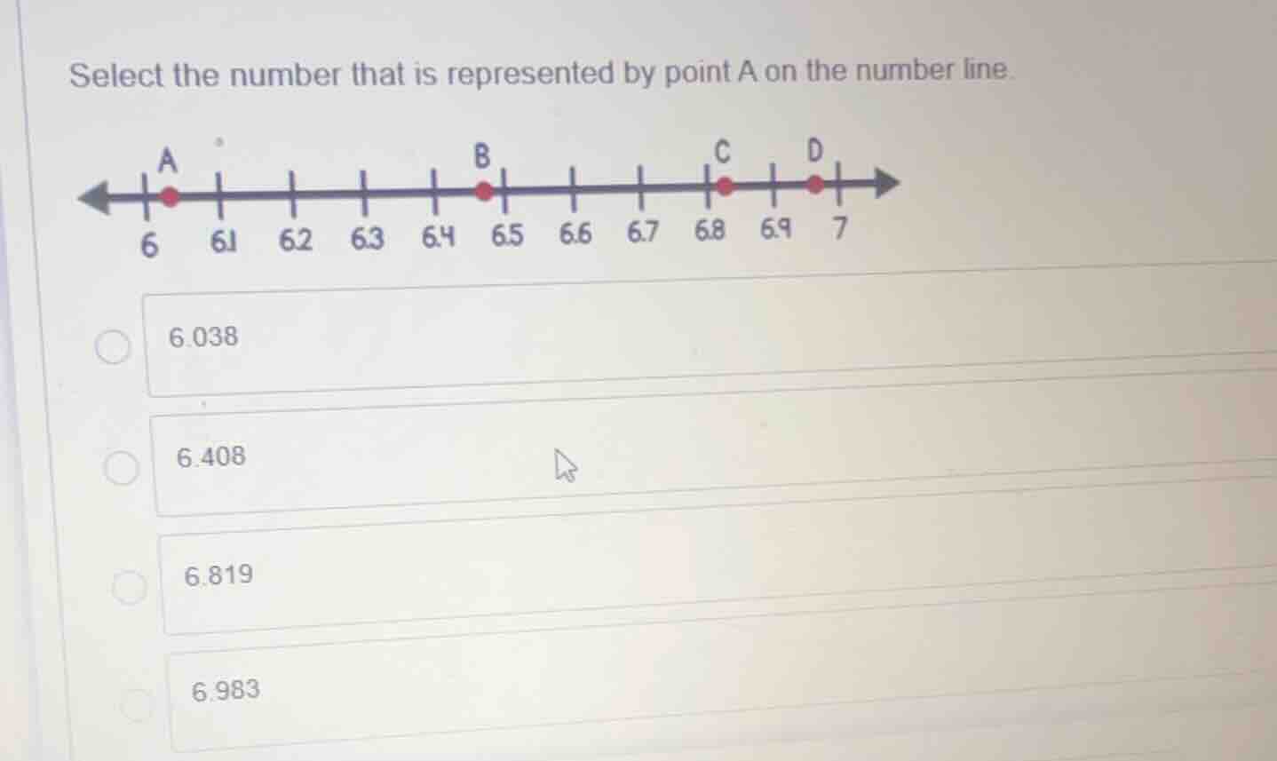 select the number that is represented by point a on the number line. 6.…