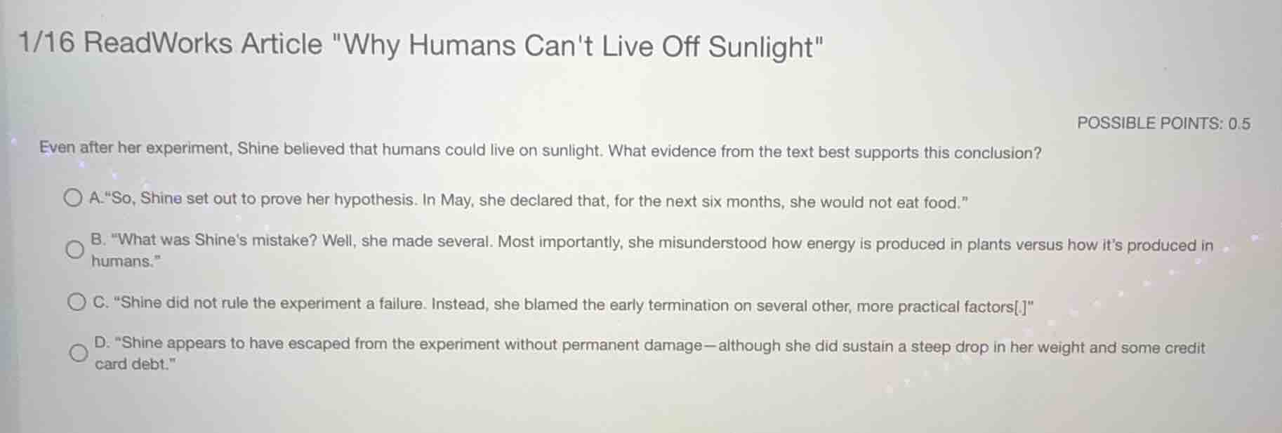 1/16 readworks article \why humans cant live off sunlight\ possible poi…