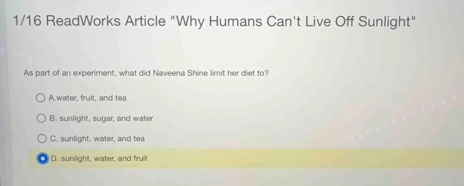 1/16 readworks article \why humans cant live off sunlight\ as part of a…