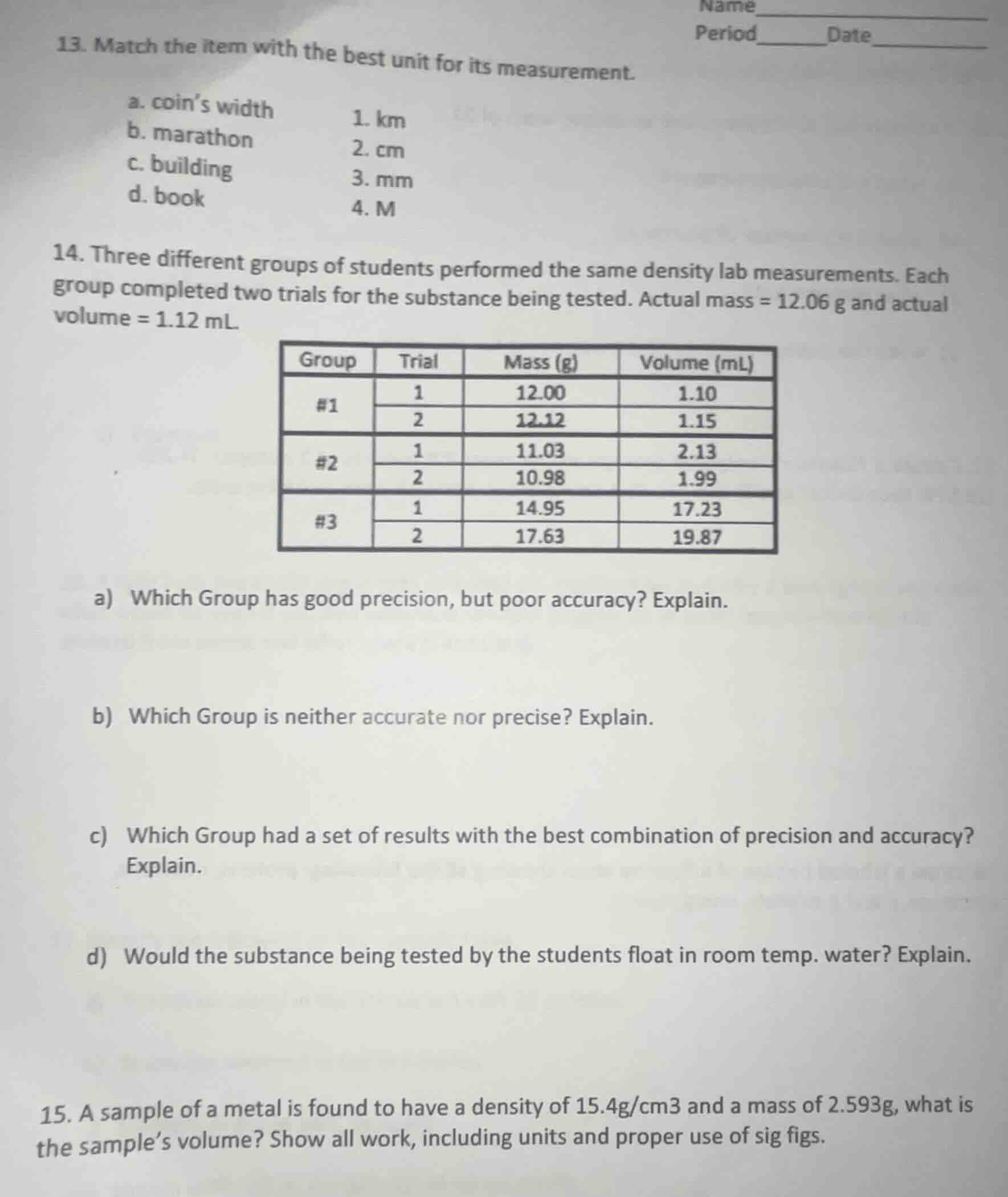 13. match the item with the best unit for its measurement. a. coin’s wi…