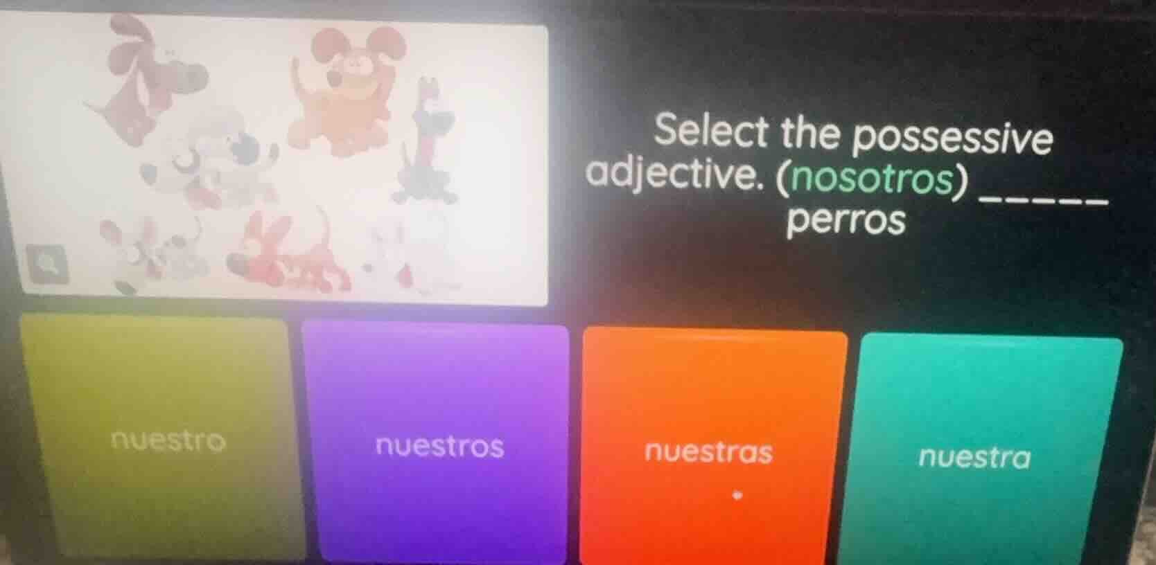select the possessive adjective. (nosotros) ______ perros nuestro nuest…