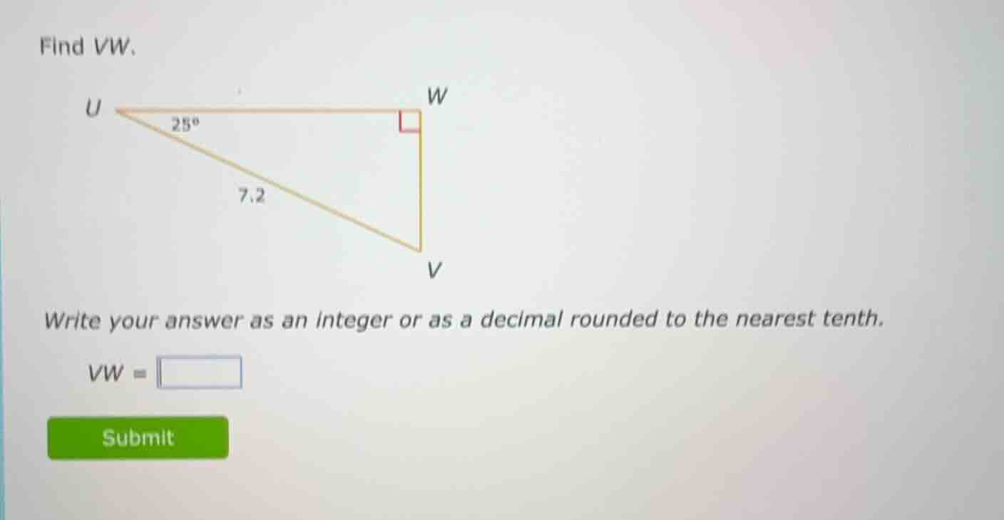 find vw. write your answer as an integer or as a decimal rounded to the…