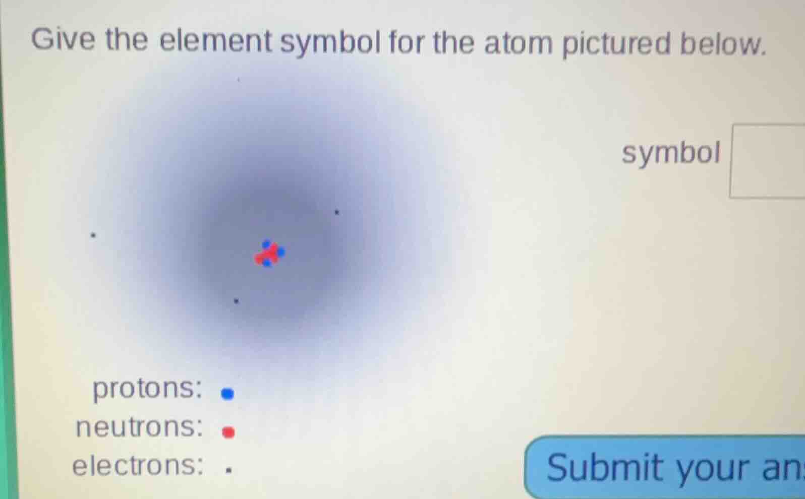 give the element symbol for the atom pictured below. symbol protons: ne…