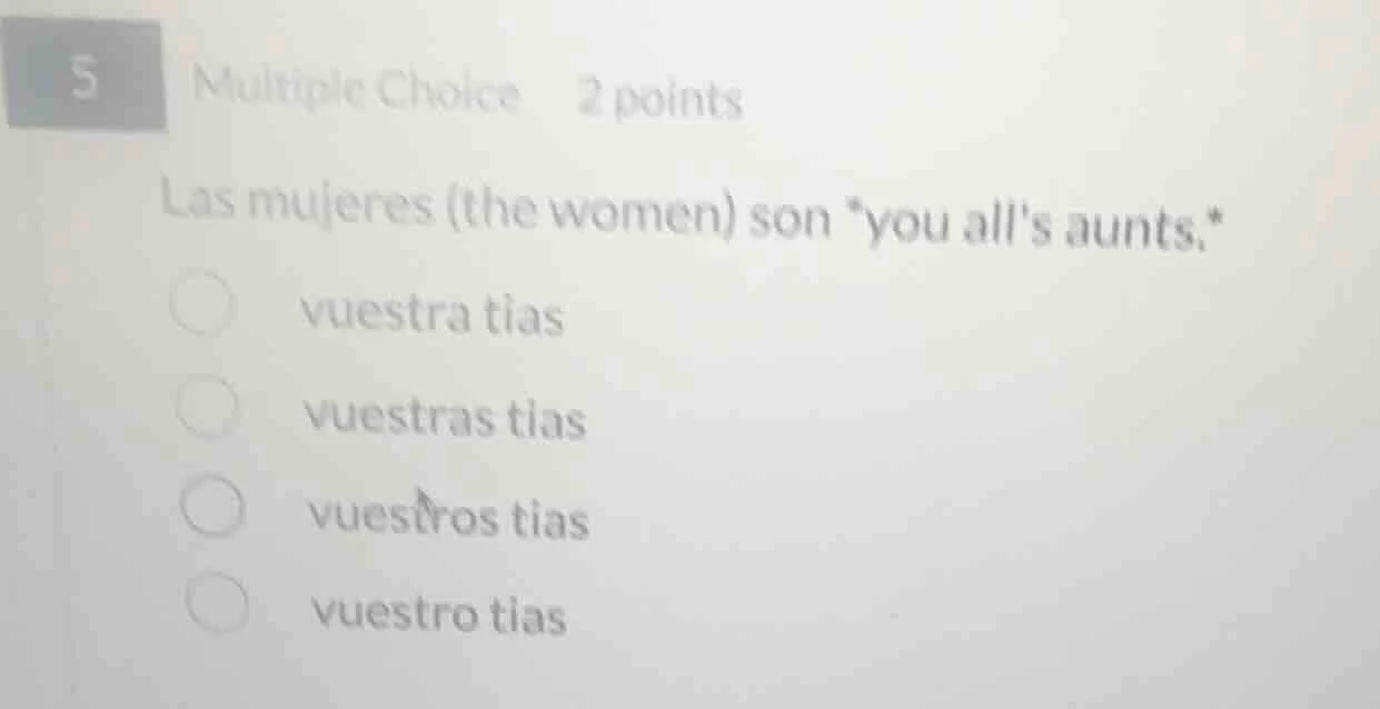 5 multiple choice 2 points las mujeres (the women) son *you alls aunts.…