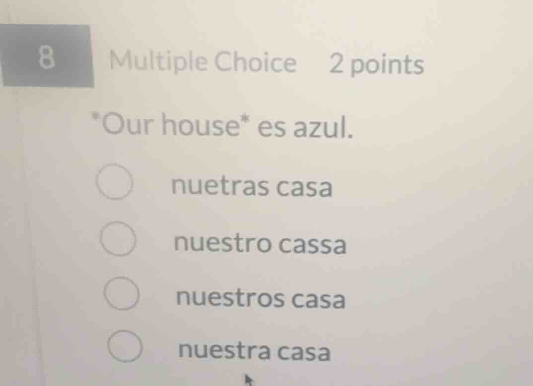 8 multiple choice 2 points *our house* es azul. nuetras casa nuestro ca…