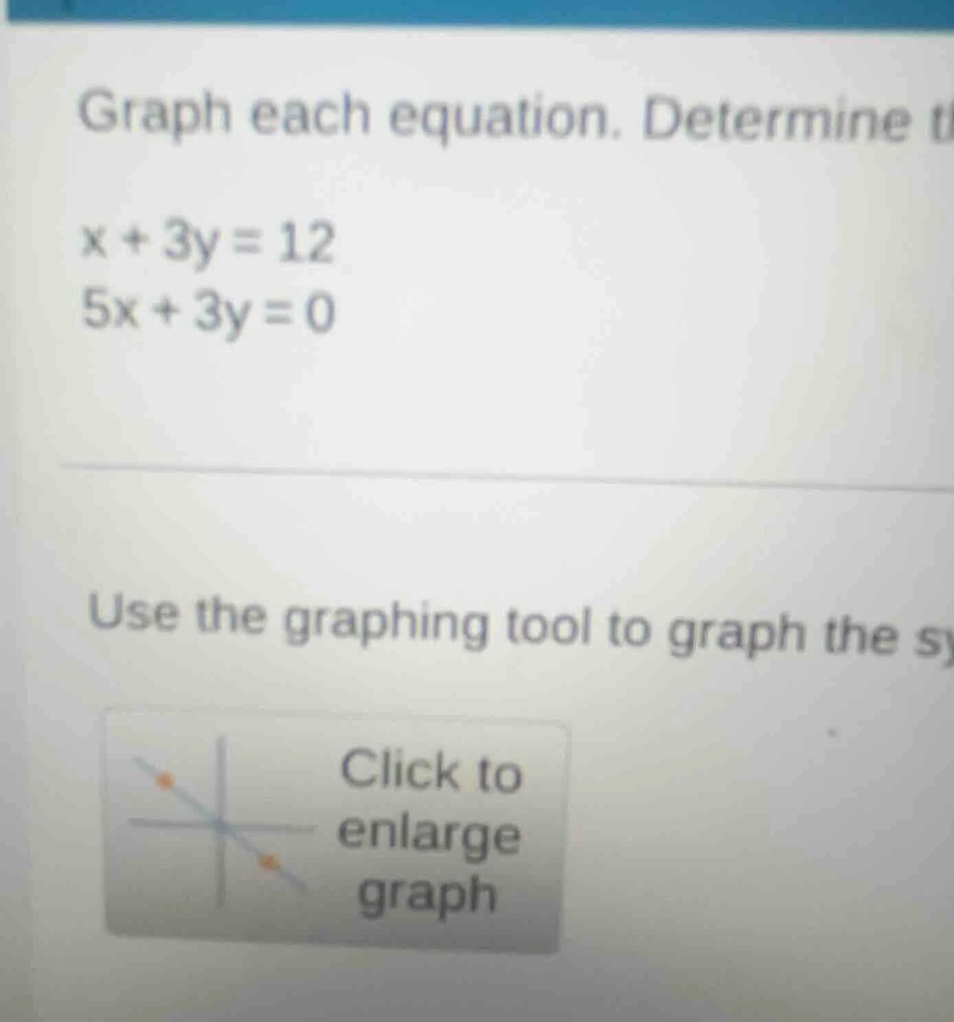 graph each equation. determine t x + 3y = 12 5x + 3y = 0 use the graphi…