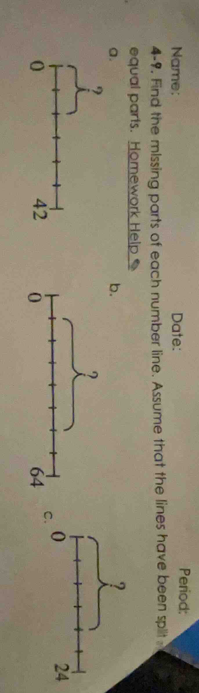name: date: period: 4 - 9. find the missing parts of each number line. …