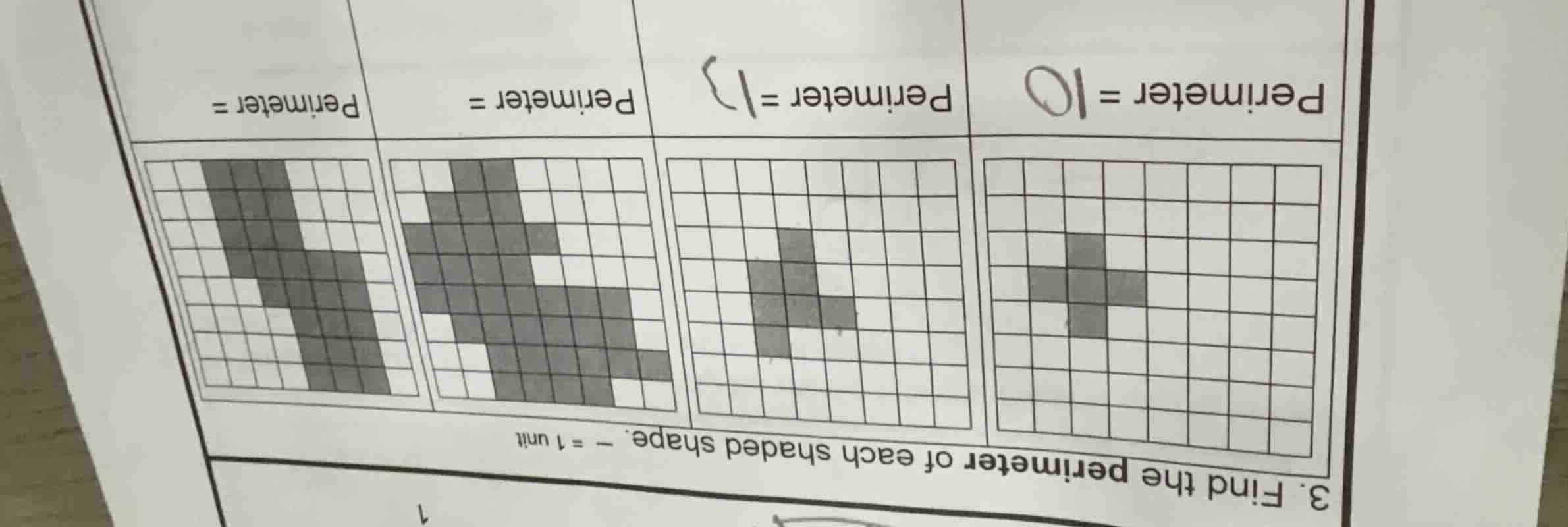 3. find the perimeter of each shaded shape. — = 1 unit perimeter = 10 p…