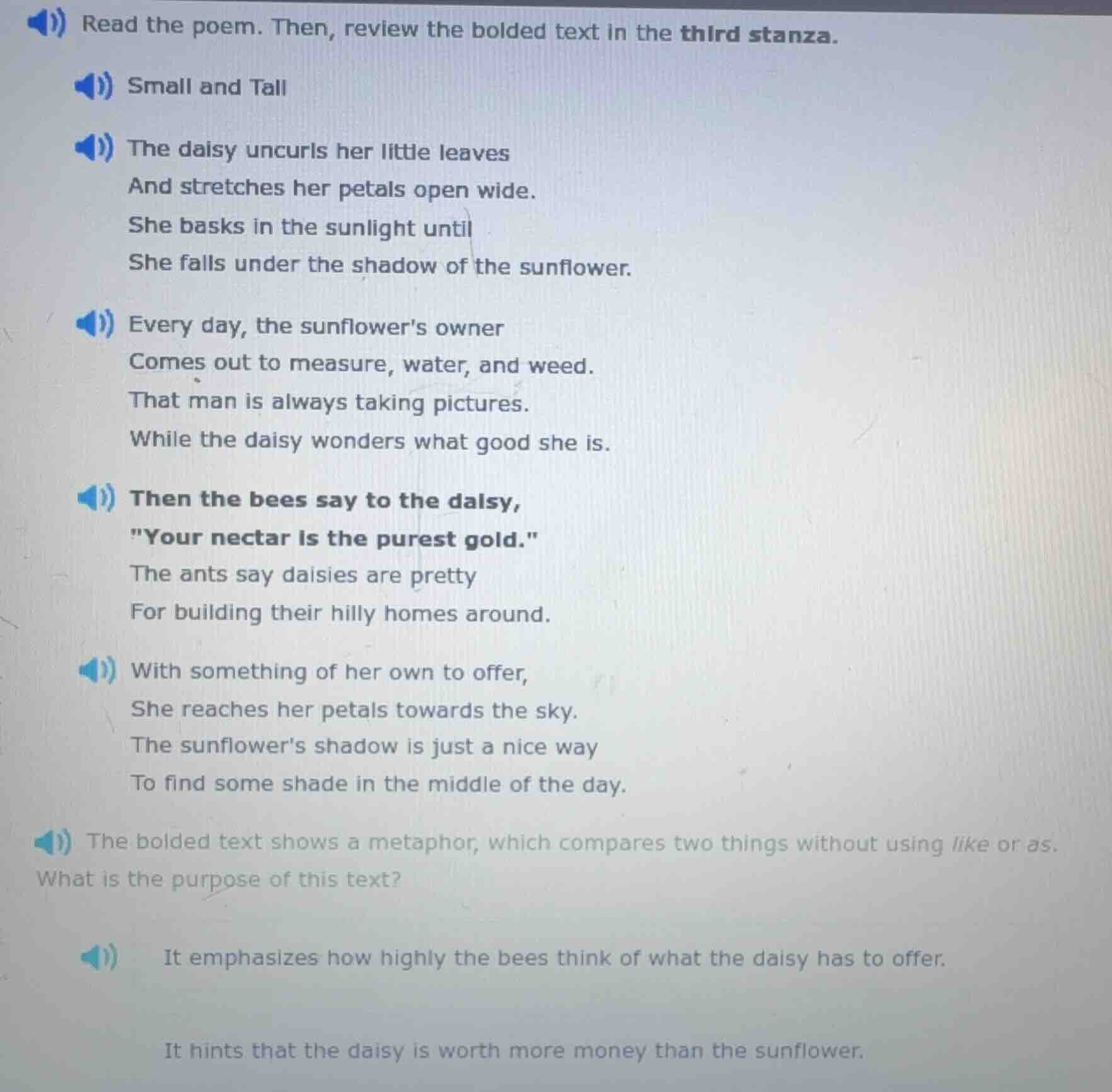 read the poem. then, review the bolded text in the third stanza. small …