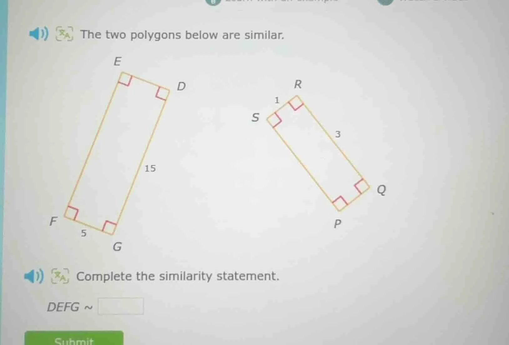 the two polygons below are similar. complete the similarity statement. …