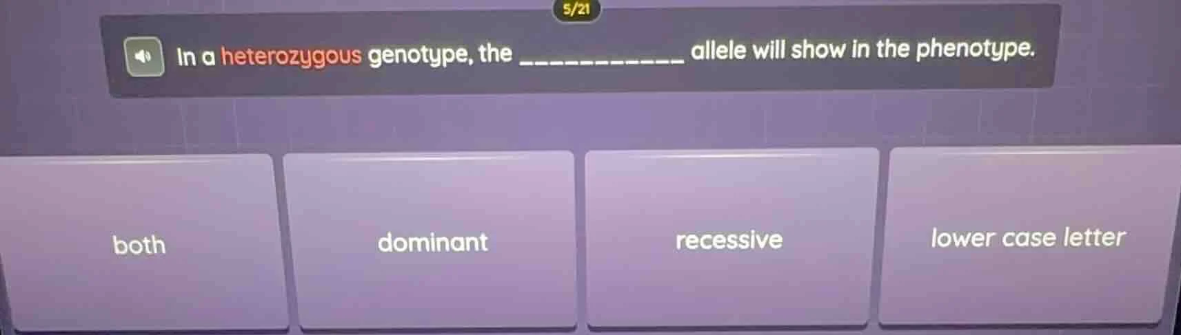 in a heterozygous genotype, the __________ allele will show in the phen…