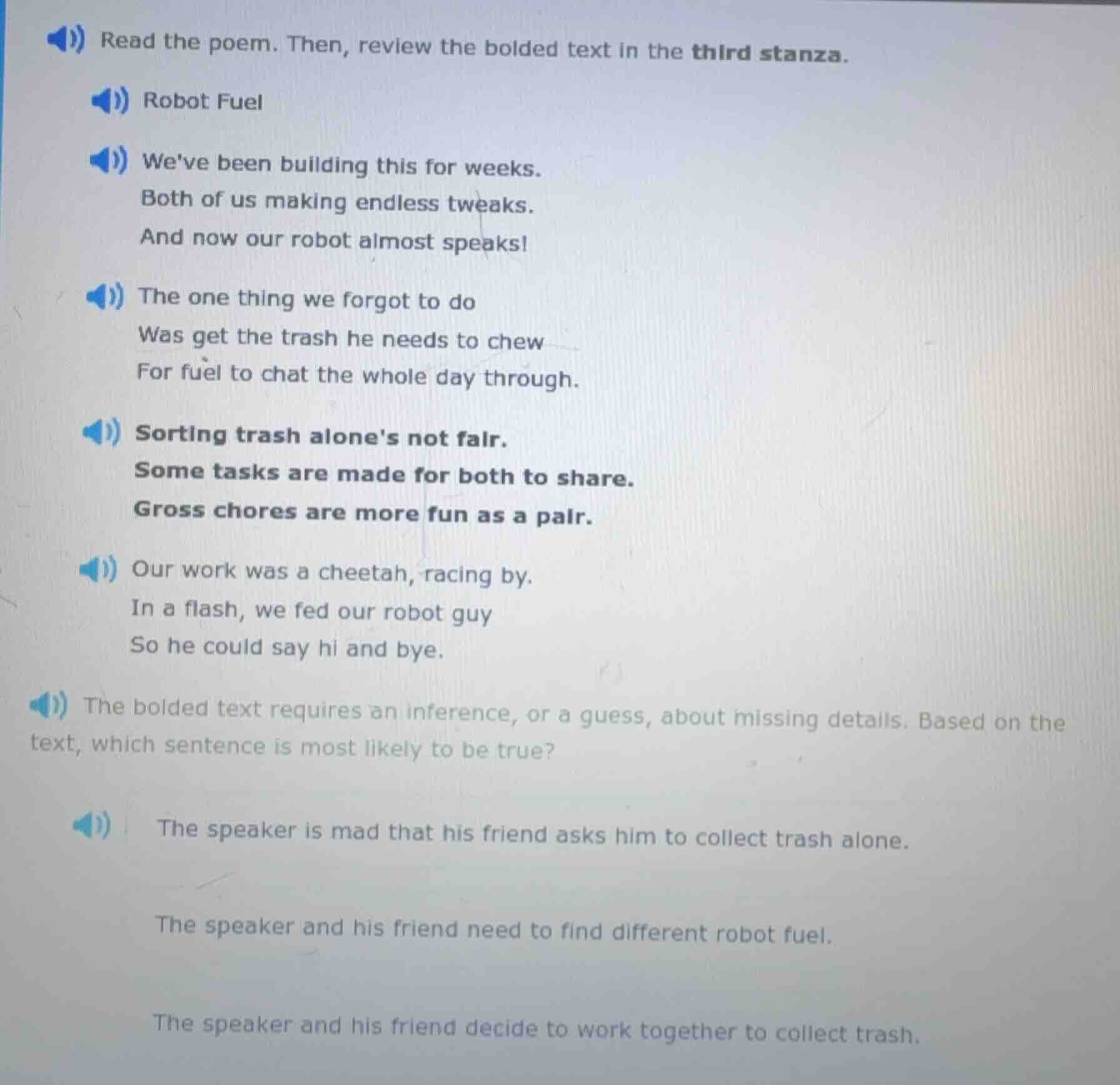read the poem. then, review the bolded text in the third stanza. robot …
