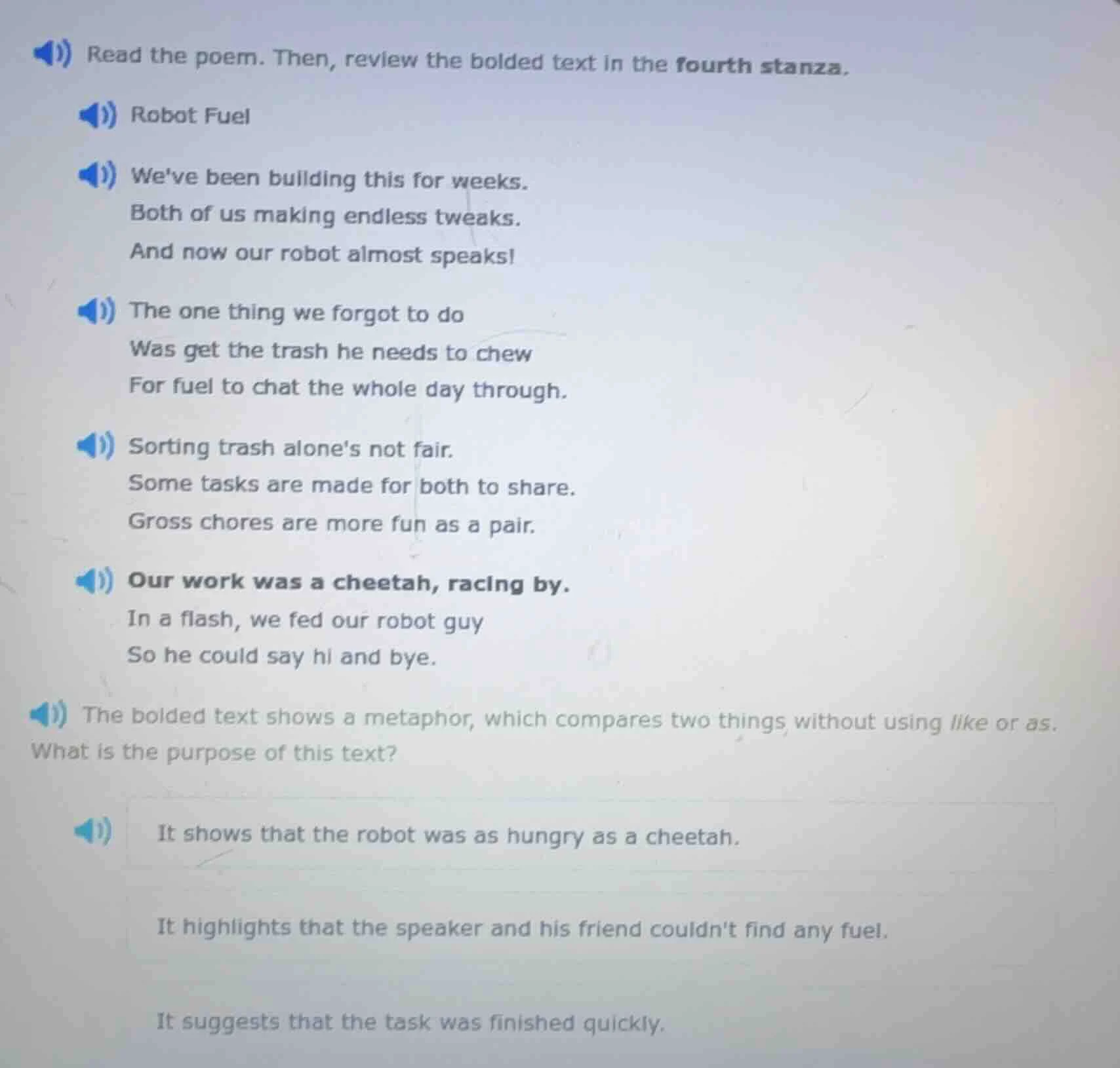 read the poem. then, review the bolded text in the fourth stanza. robot…
