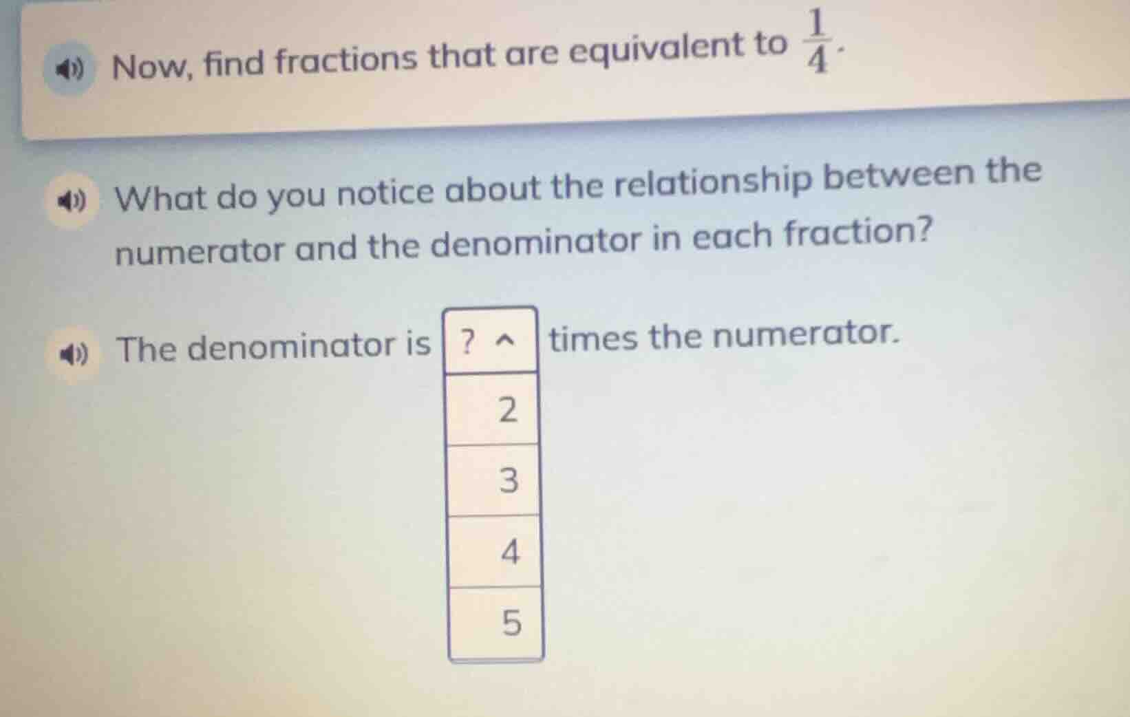 now, find fractions that are equivalent to \\(\\frac{1}{4}\\). what do …