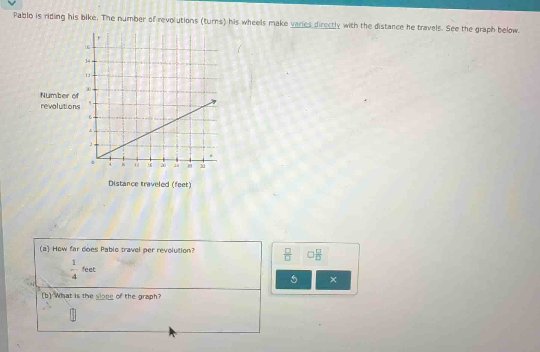 pablo is riding his bike. the number of revolutions (turns) his wheels …