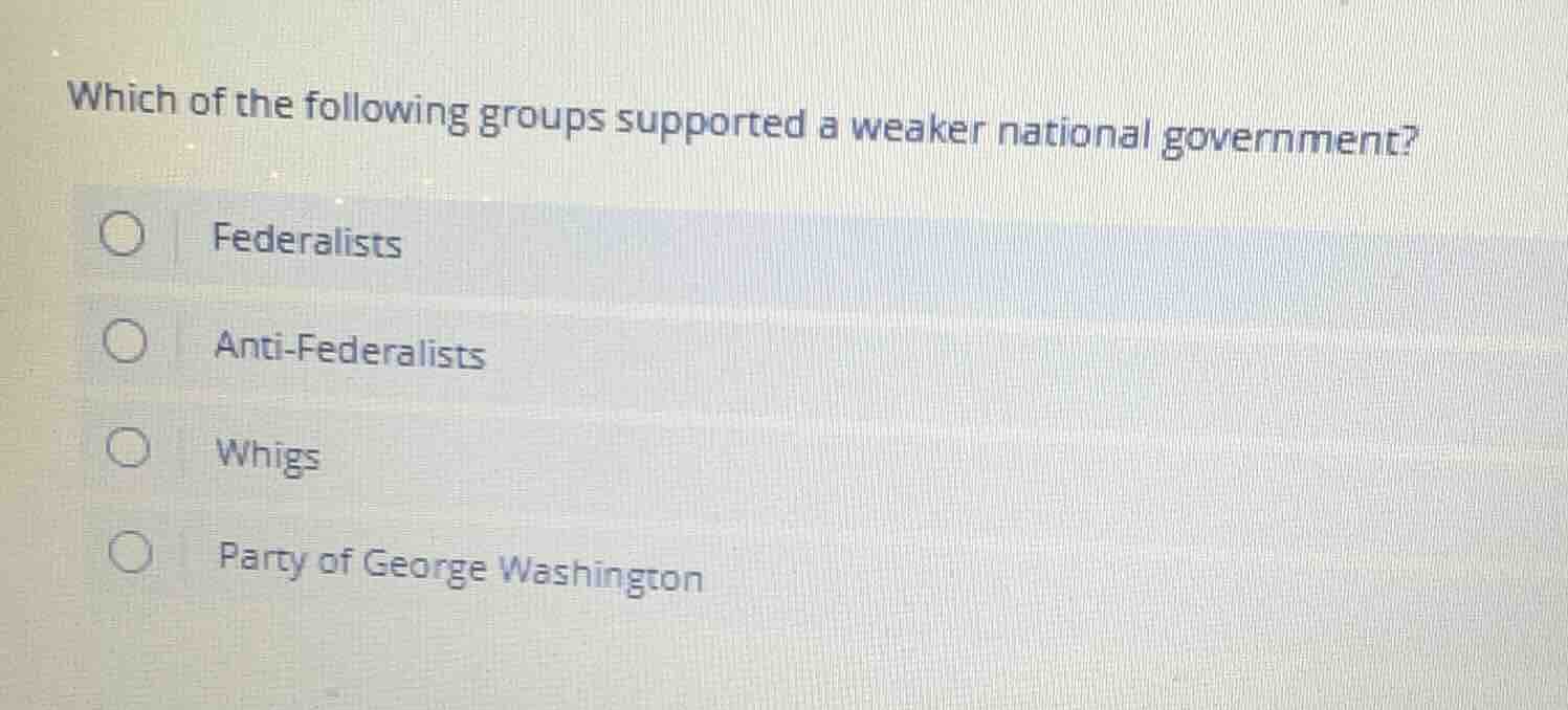 which of the following groups supported a weaker national government? f…