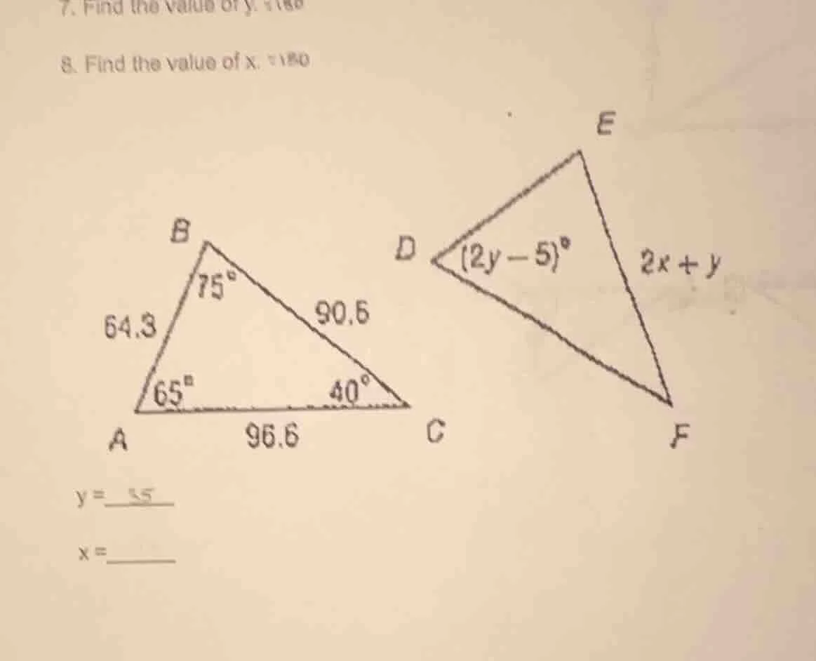 7. find the value of y. \ 8. find the value of x. \ triangle abc with a…