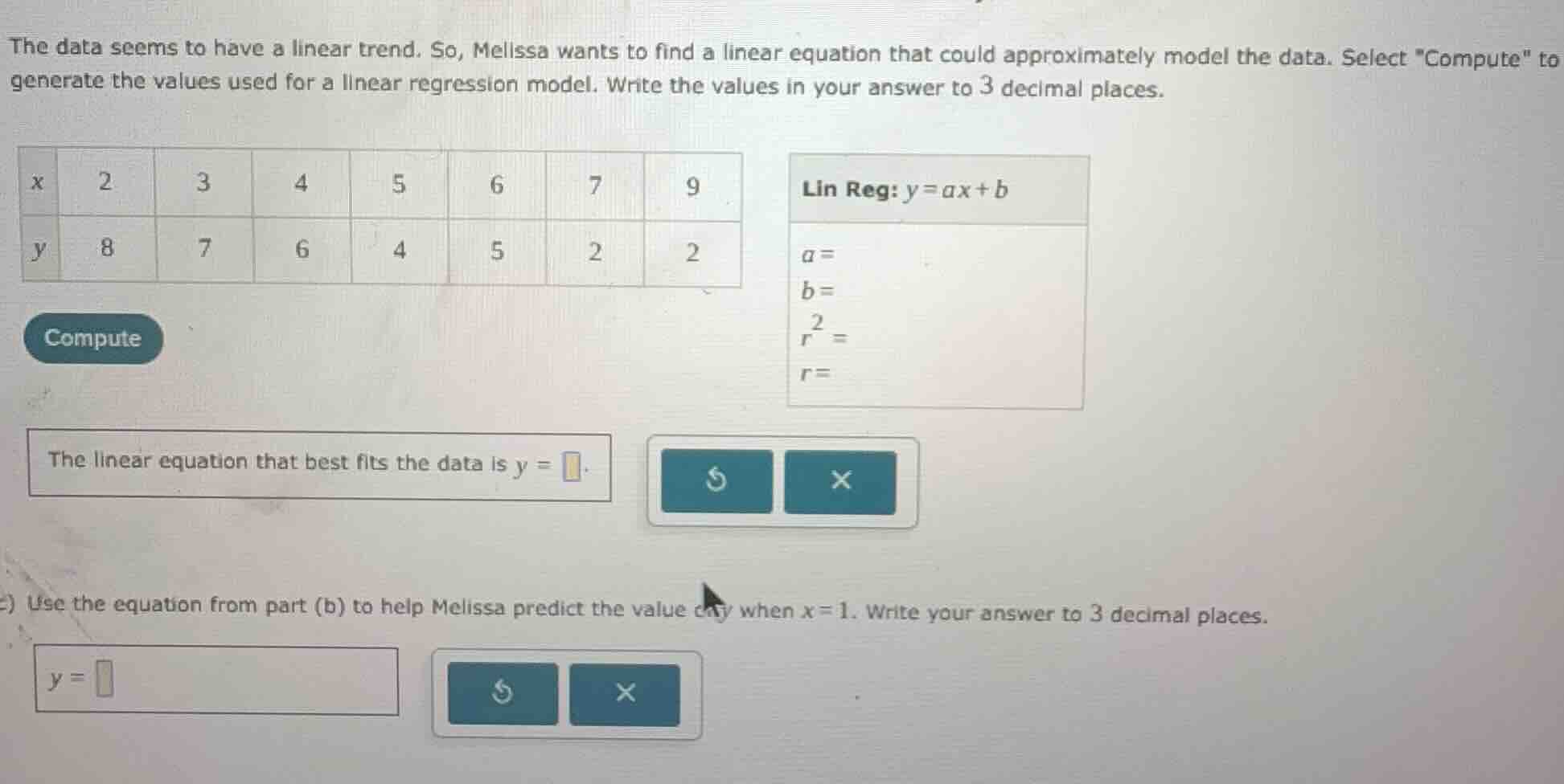 the data seems to have a linear trend. so, melissa wants to find a line…