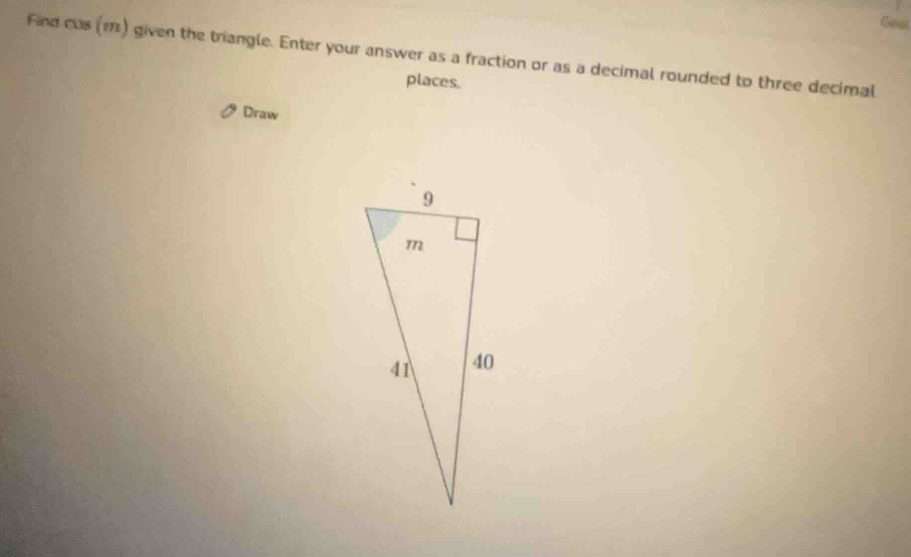 find cos(m) given the triangle. enter your answer as a fraction or as a…