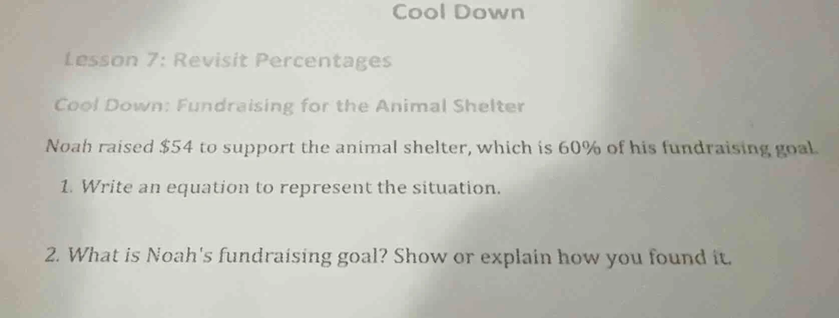 cool down lesson 7: revisit percentages cool down: fundraising for the …