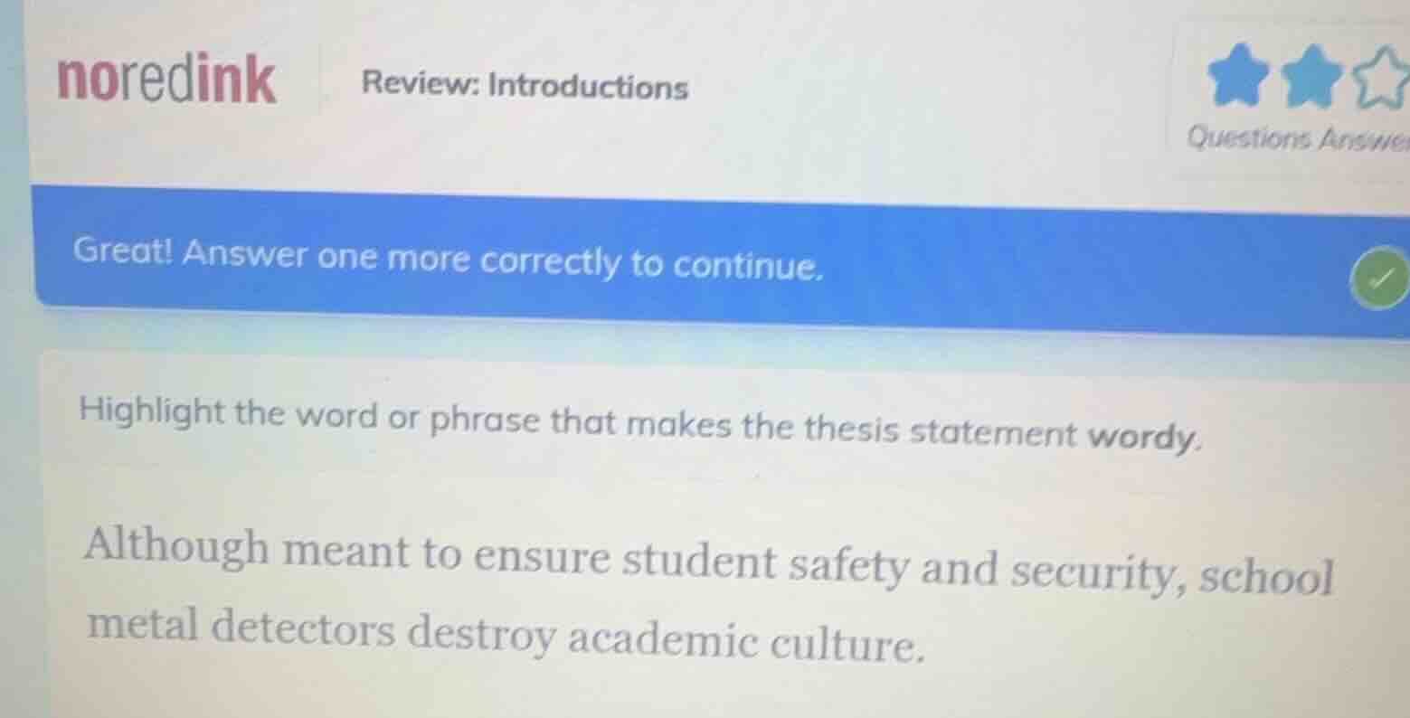 review: introductions great! answer one more correctly to continue. hig…