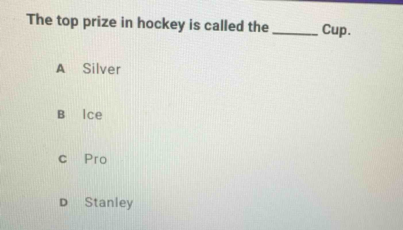 the top prize in hockey is called the ______ cup. a silver b ice c pro …