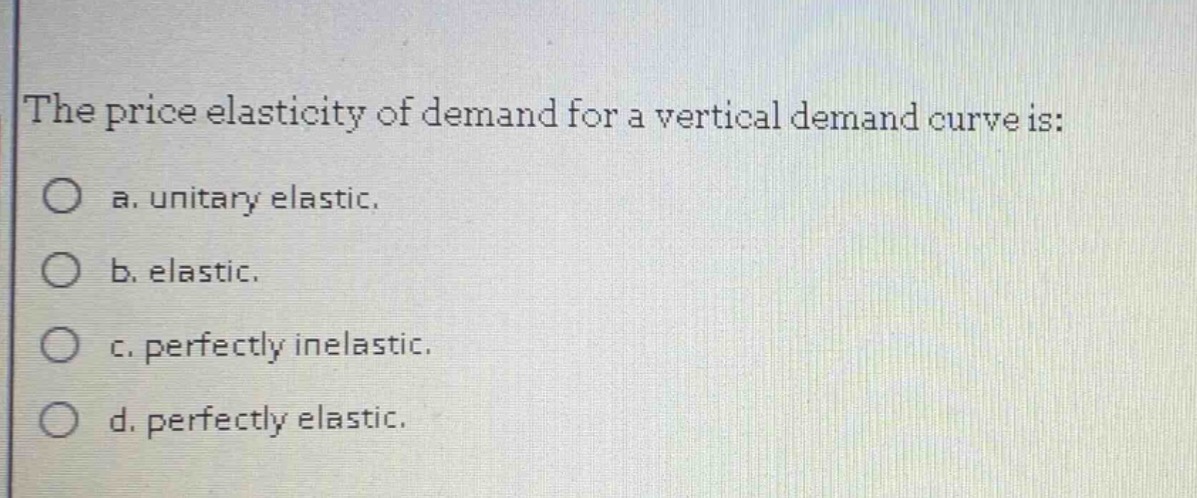 the price elasticity of demand for a vertical demand curve is: a. unita…