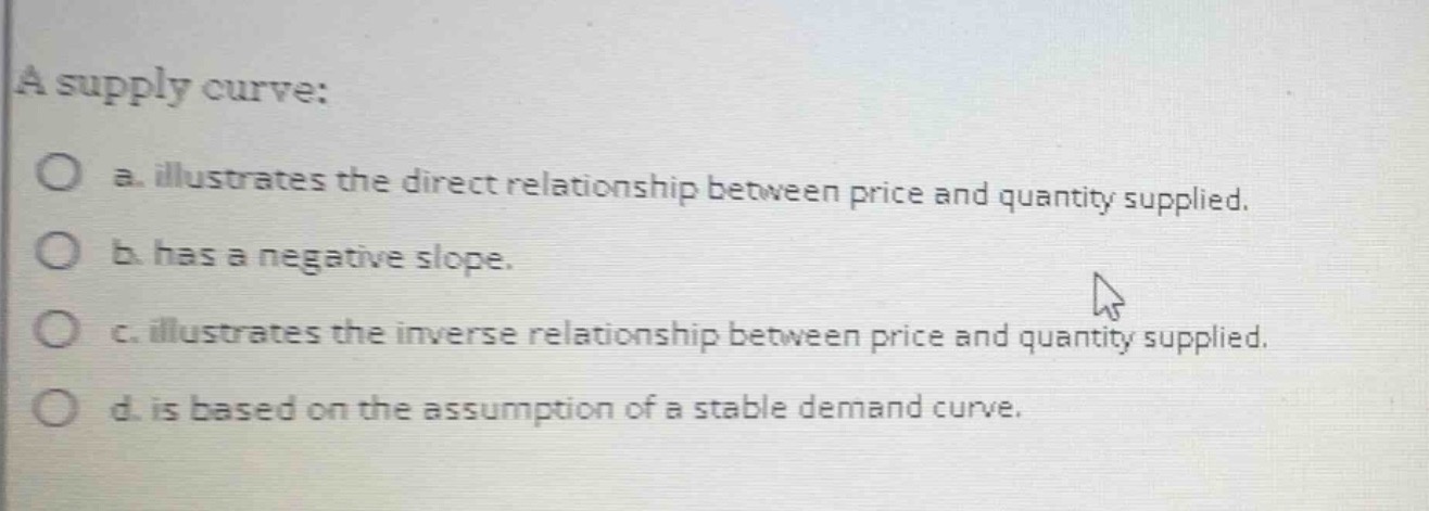 a supply curve: a. illustrates the direct relationship between price an…