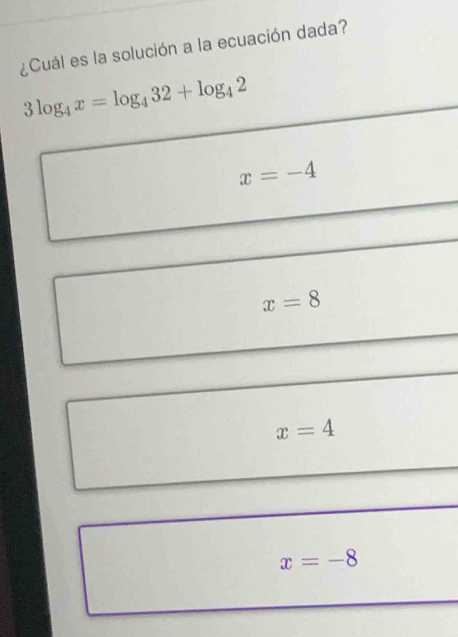 ¿cuál es la solución a la ecuación dada? $3\\log_{4}x = \\log_{4}32 + \…