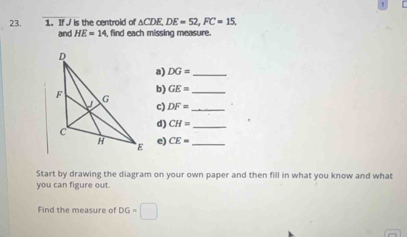 23. 1. if j is the centroid of $\\triangle cde$, $de = 52$, $fc = 15$, …