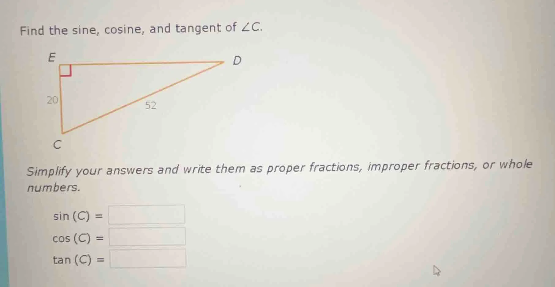 find the sine, cosine, and tangent of ∠c. simplify your answers and wri…