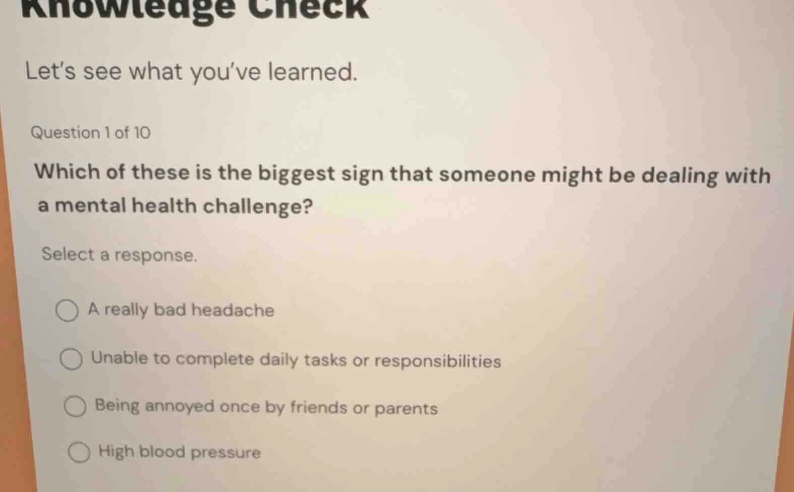 knowledge check let’s see what you’ve learned. question 1 of 10 which o…