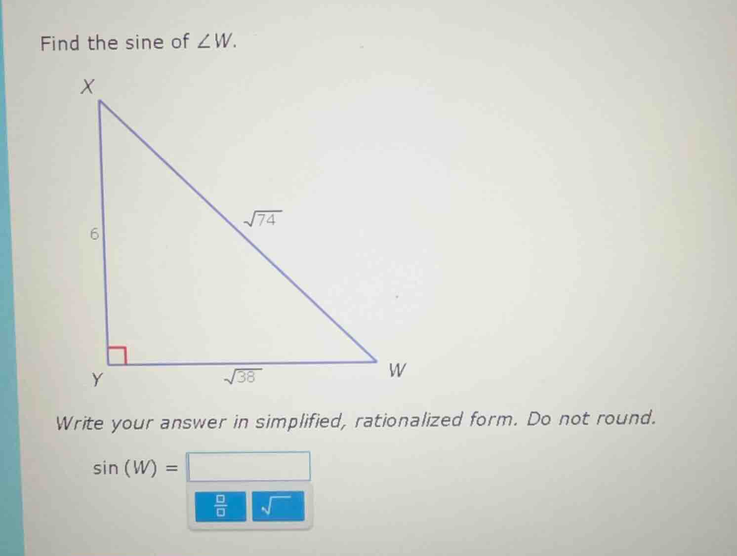 find the sine of $\\angle w$. write your answer in simplified, rational…