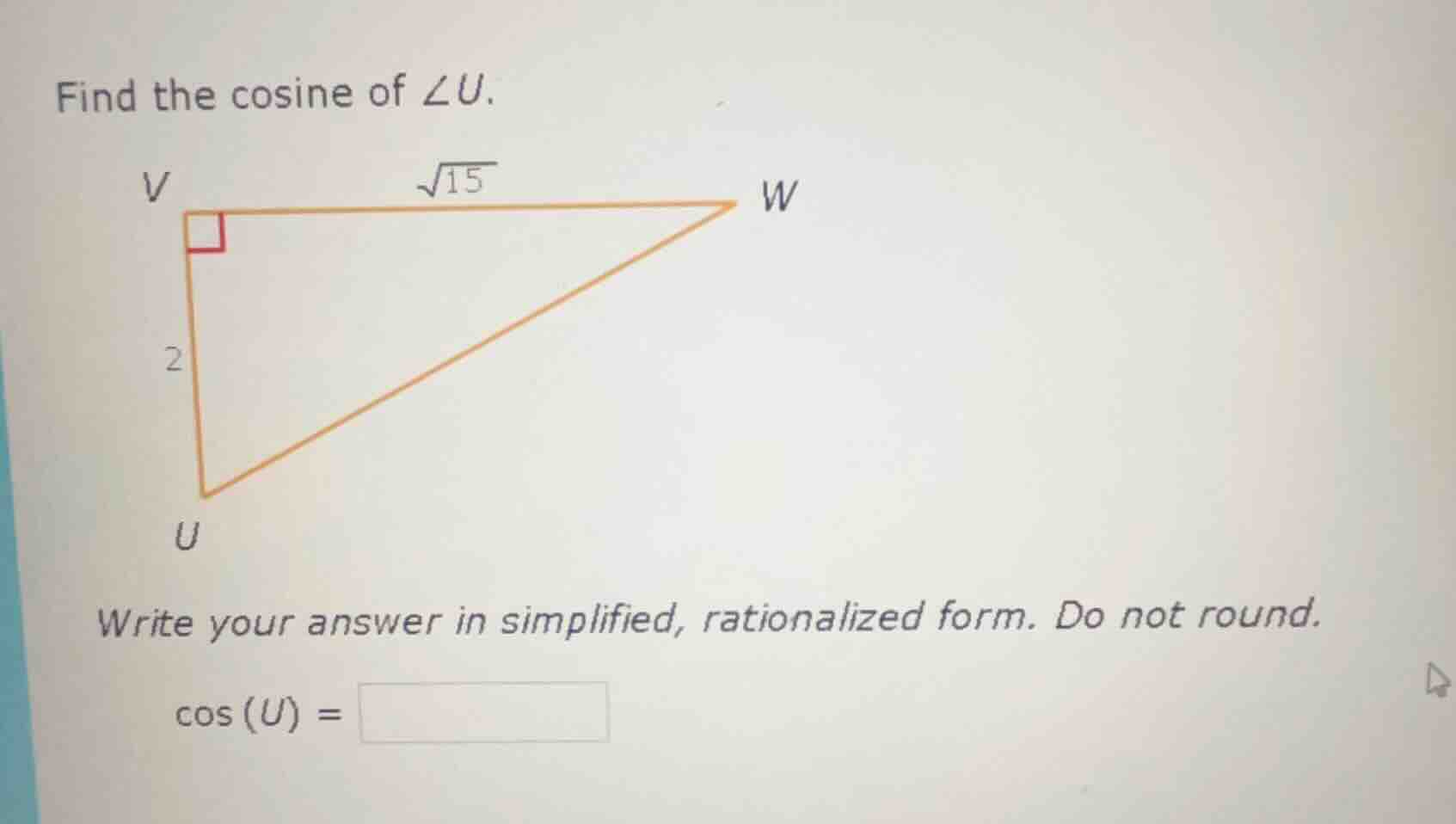 find the cosine of $\\angle u$. write your answer in simplified, ration…