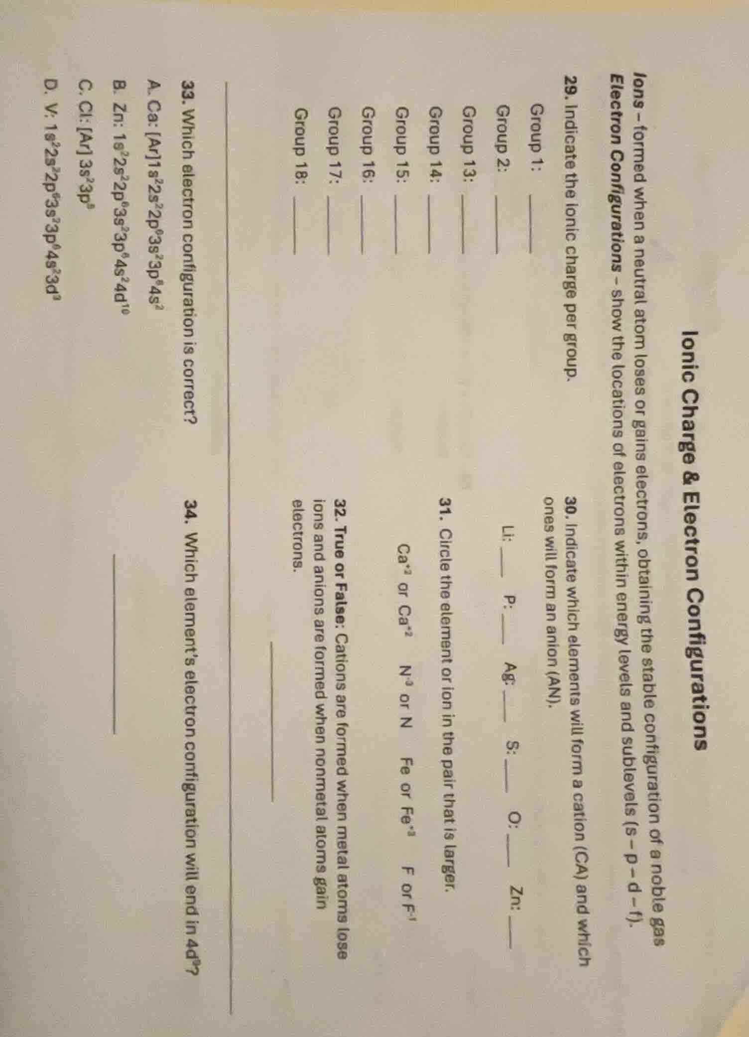 ionic charge & electron configurations ions – formed when a neutral ato…