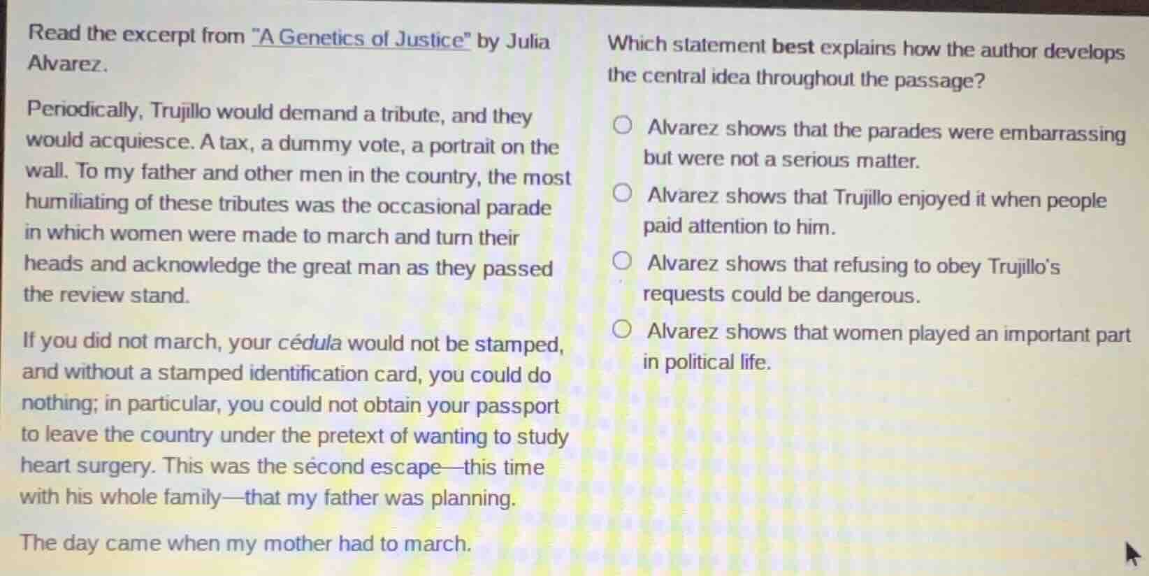 read the excerpt from \a genetics of justice\ by julia alvarez. periodi…