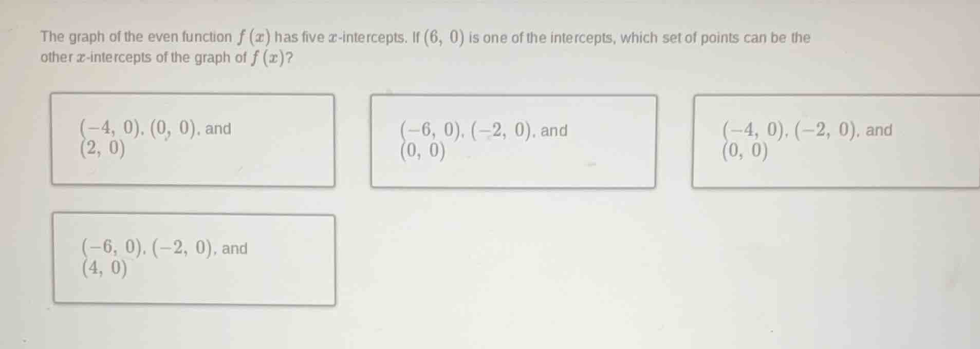 the graph of the even function $f(x)$ has five $x$-intercepts. if $(6, …