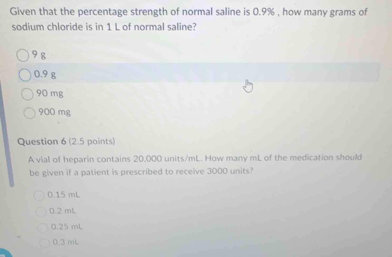 given that the percentage strength of normal saline is 0.9%, how many g…