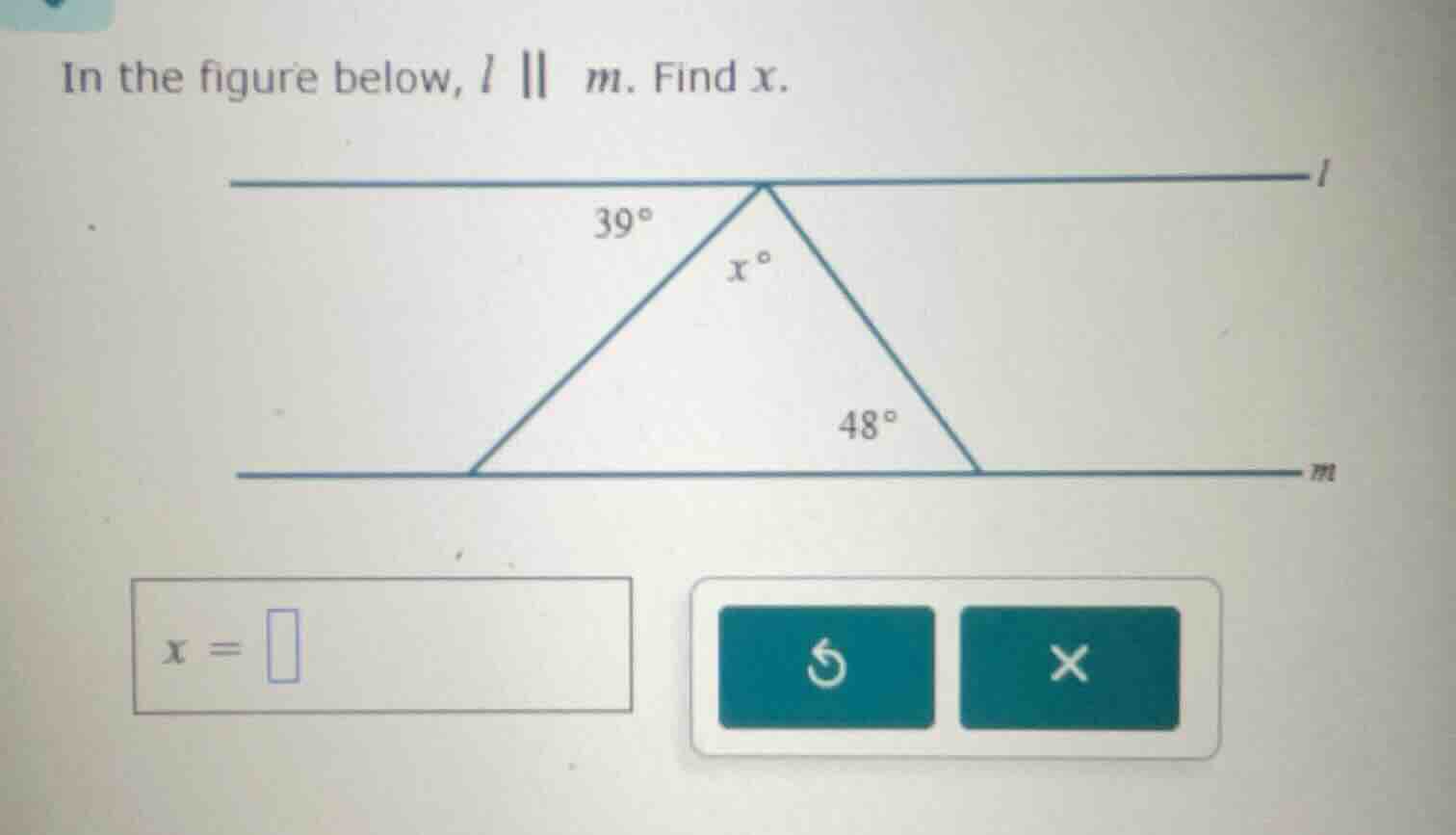 in the figure below, ( l parallel m ). find ( x ).