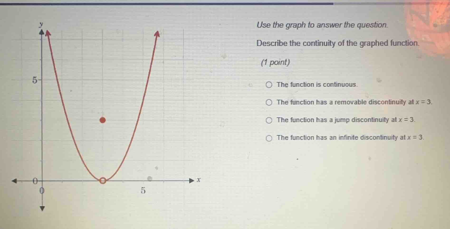 use the graph to answer the question. describe the continuity of the gr…