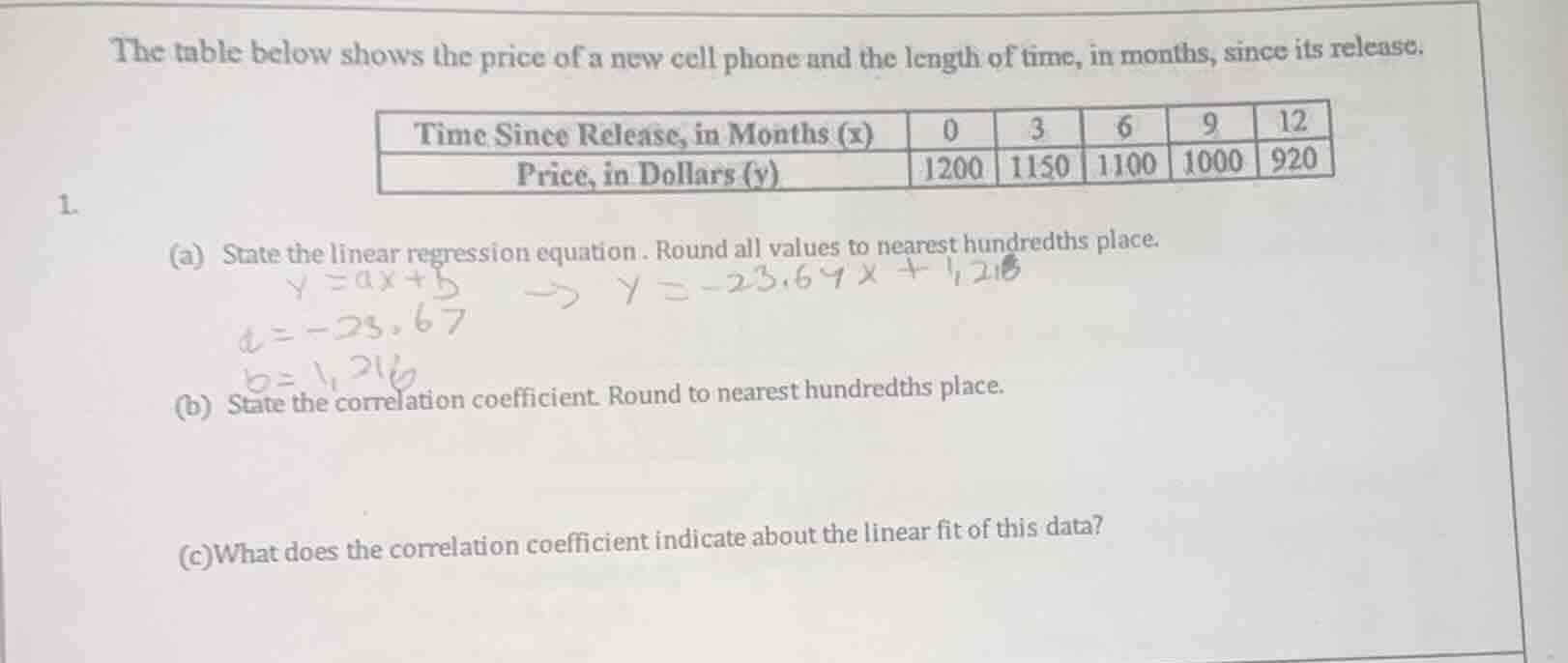 the table below shows the price of a new cell phone and the length of t…